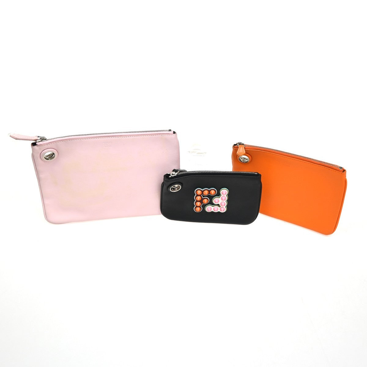 FENDI 3 Set Clutch Pouch Bag Leather Orange Pink Black SHW 34TA570