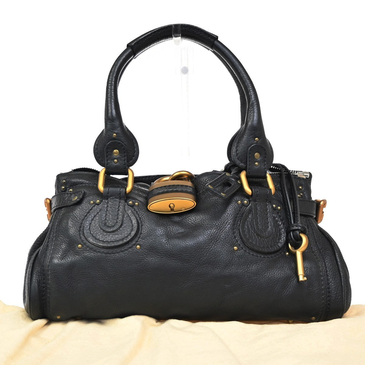 CHLOE Logo Paddington Padlock  Shoulder Handbag Leather Black GHW Italy 620RL739