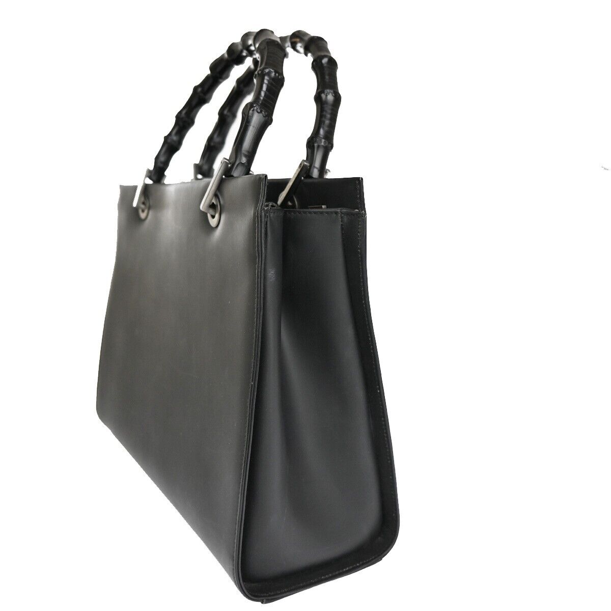 GUCCI Logo Bamboo Hand Bag Leather Black Silver-Plated Made In Italy 67EA504