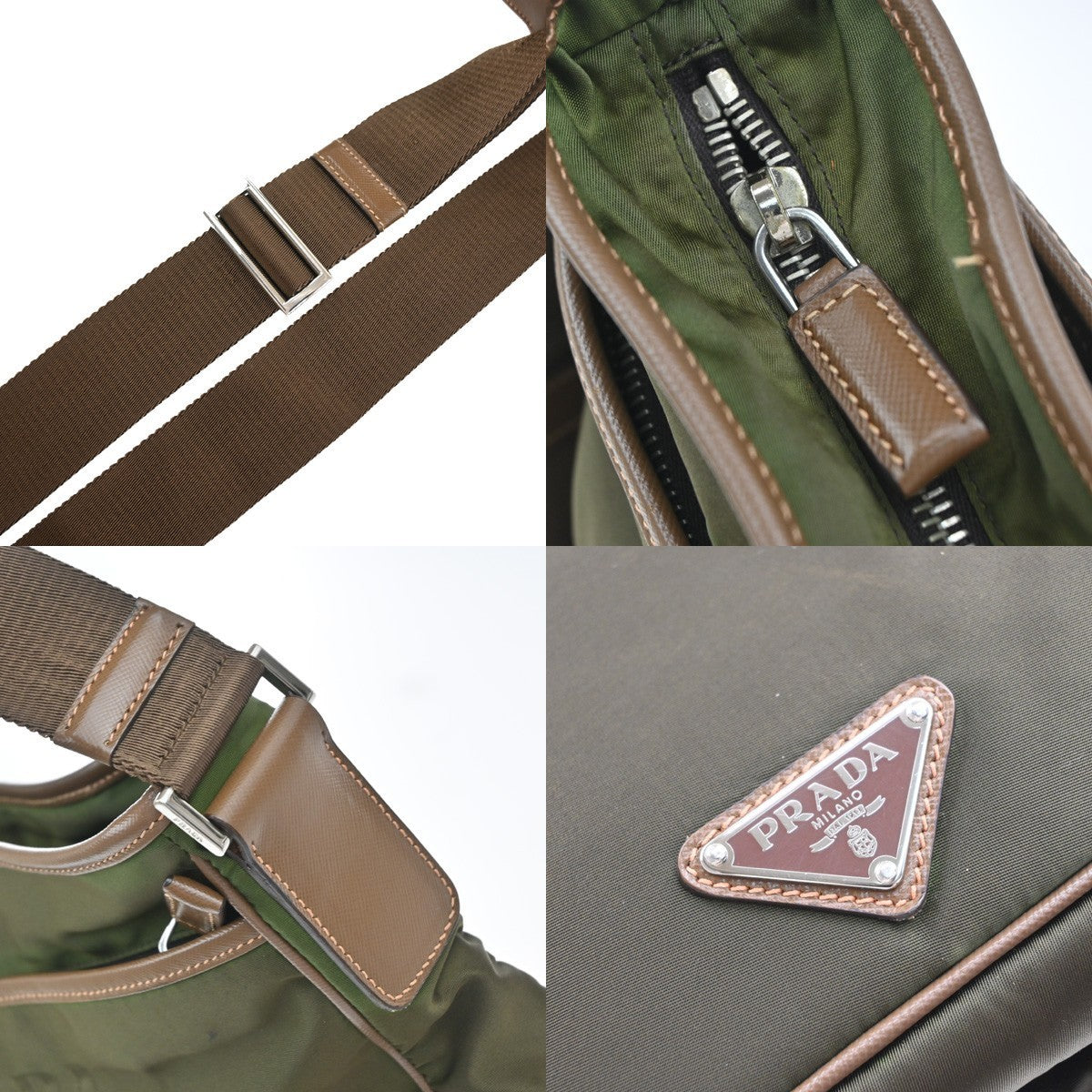 PRADA MILANO Tessuto Messenger Shoulder Bag Nylon Leather Italy Khaki 61EG402