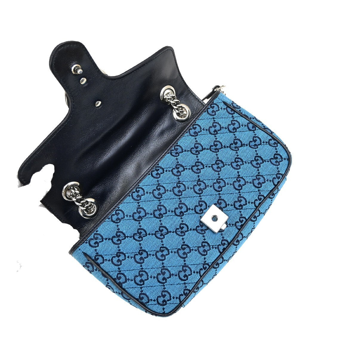 GUCCI GG Pattern Marmont Chain Shoulder Bag Canvas Leather Blue SHW 631RF272