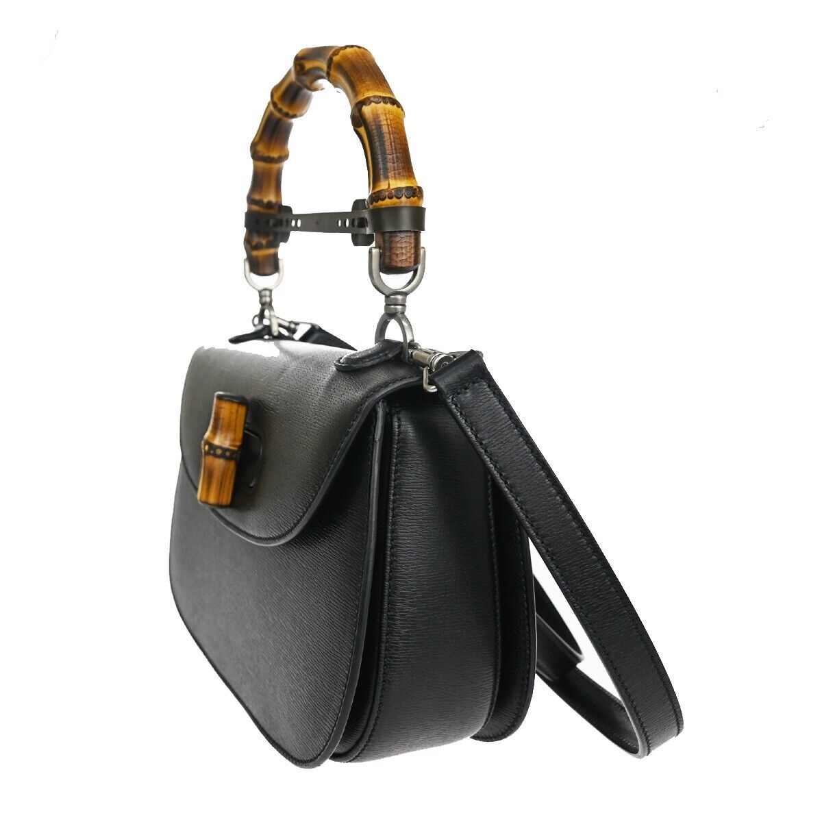 GUCCI Logo Bamboo 2Way Shoulder Hand Bag Leather Black Silver Italy 629RH724