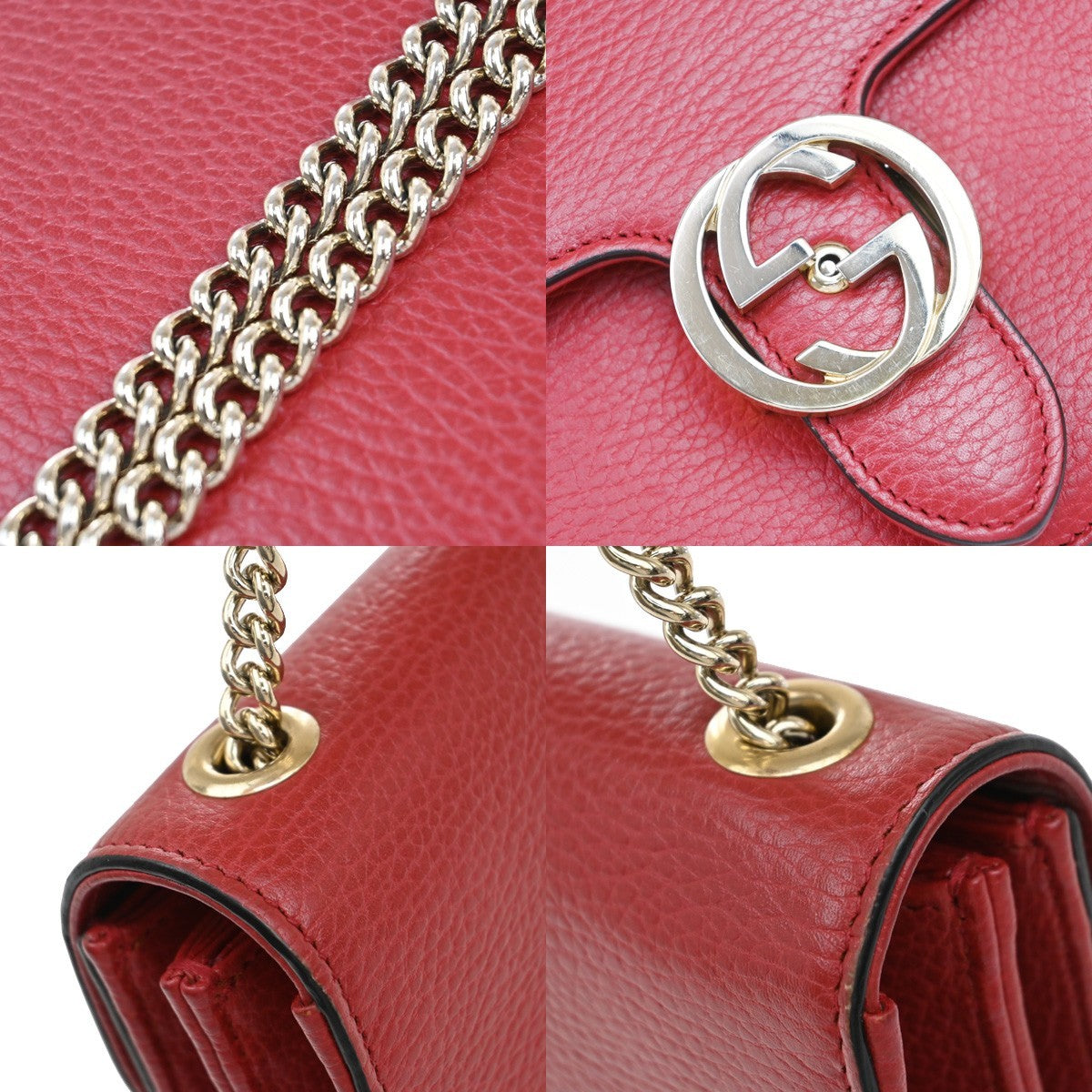 GUCCI Logo Interlocking G Chain Mini Shoulder Bag Leather Red GHW Italy 52KP126