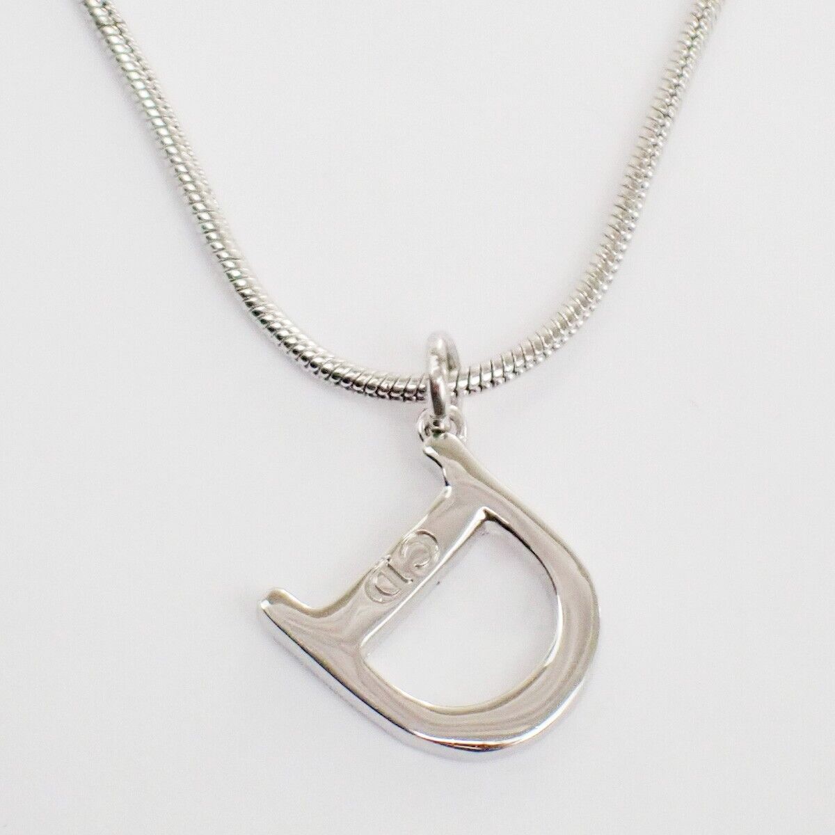 CHRISTIAN DIOR D Logo Pendant Necklace Metal Silver Accessory 02ED430