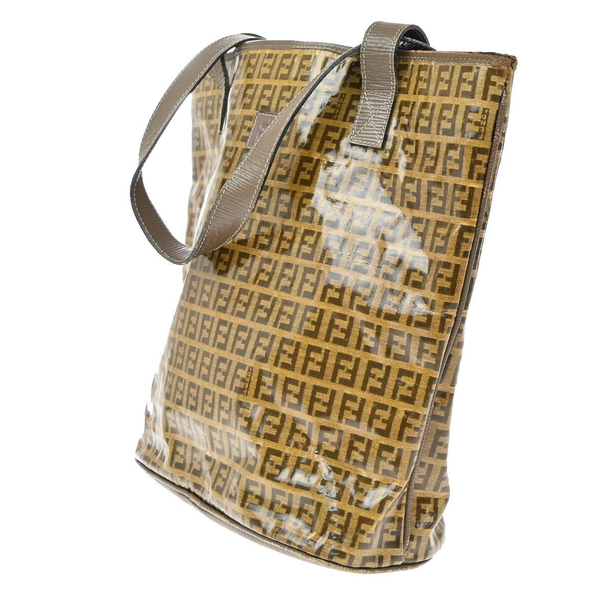 FENDI Logo Zucchino Shoulder Tote Bag Coating Canvas Leather Brown Italy 66KB488