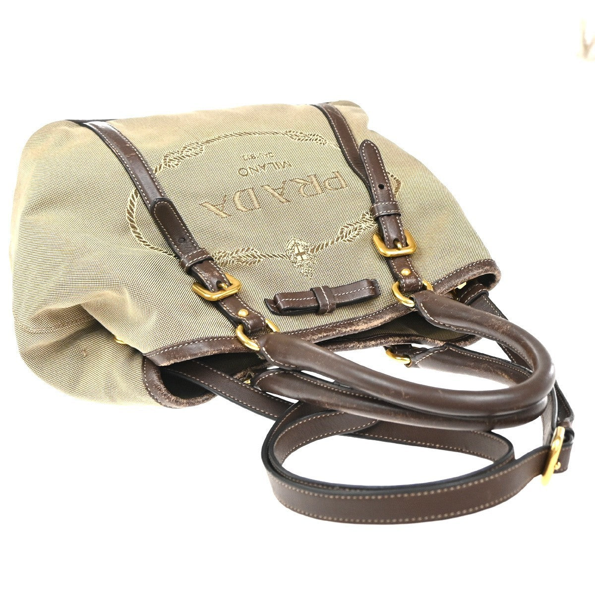 PRADA  Logo Jacquard 2Way Shoulder Hand Bag Canvas Leather Brown GHW 39KP410