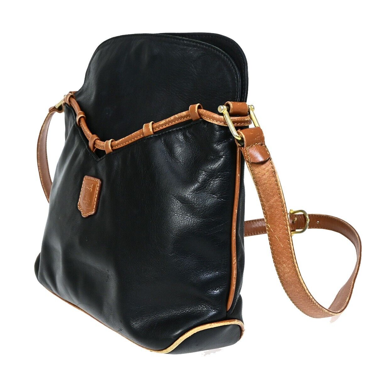 CELINE PARIS Logo Shoulder Bag Leather Black Brown Gold Italy 01EB542