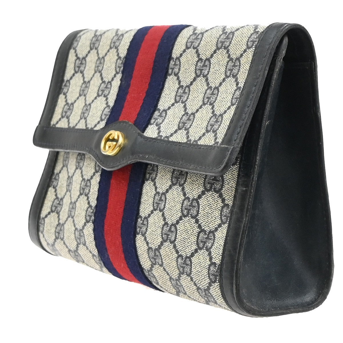 GUCCI Logo GG Sherry Line Clutch Hand Bag PVC Leather Navy Beige Italy 09MA469