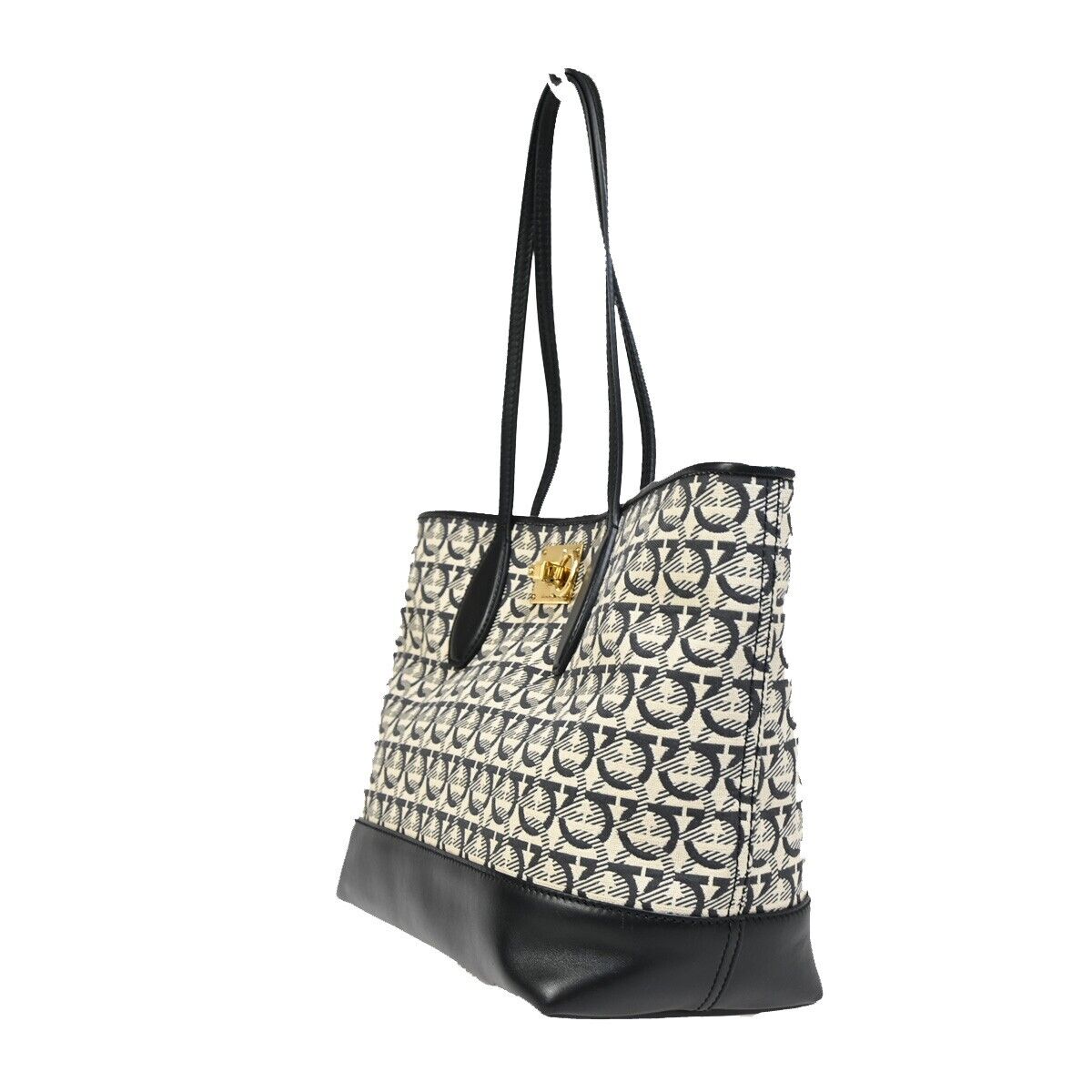 SALVATORE FERRAGAMO Gancini Shoulder Tote Bag Canvas Leather Black Gold 35SH764