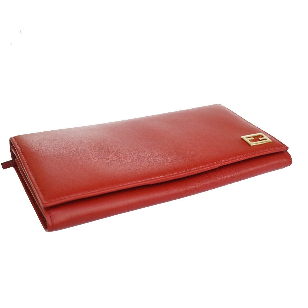 FENDI Logo Long Bifold Wallet Leather Red Gold Italy 64RH623