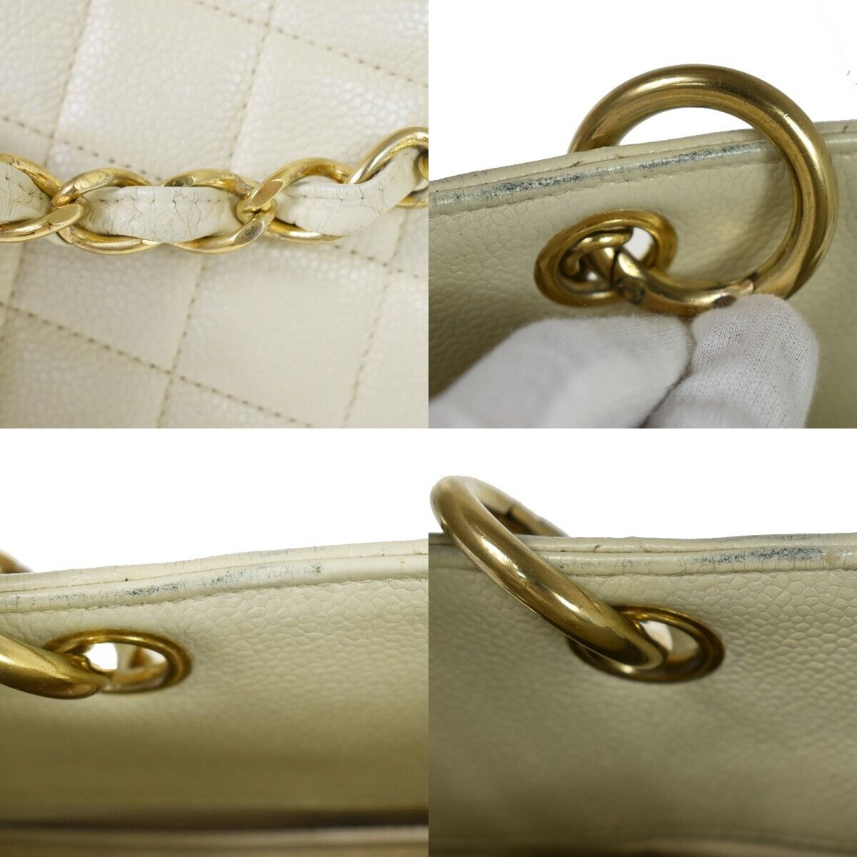 CHANEL CC Matelasse Chain Shoulder Tote Bag Caviar Leather Ivory GHW 49FA171