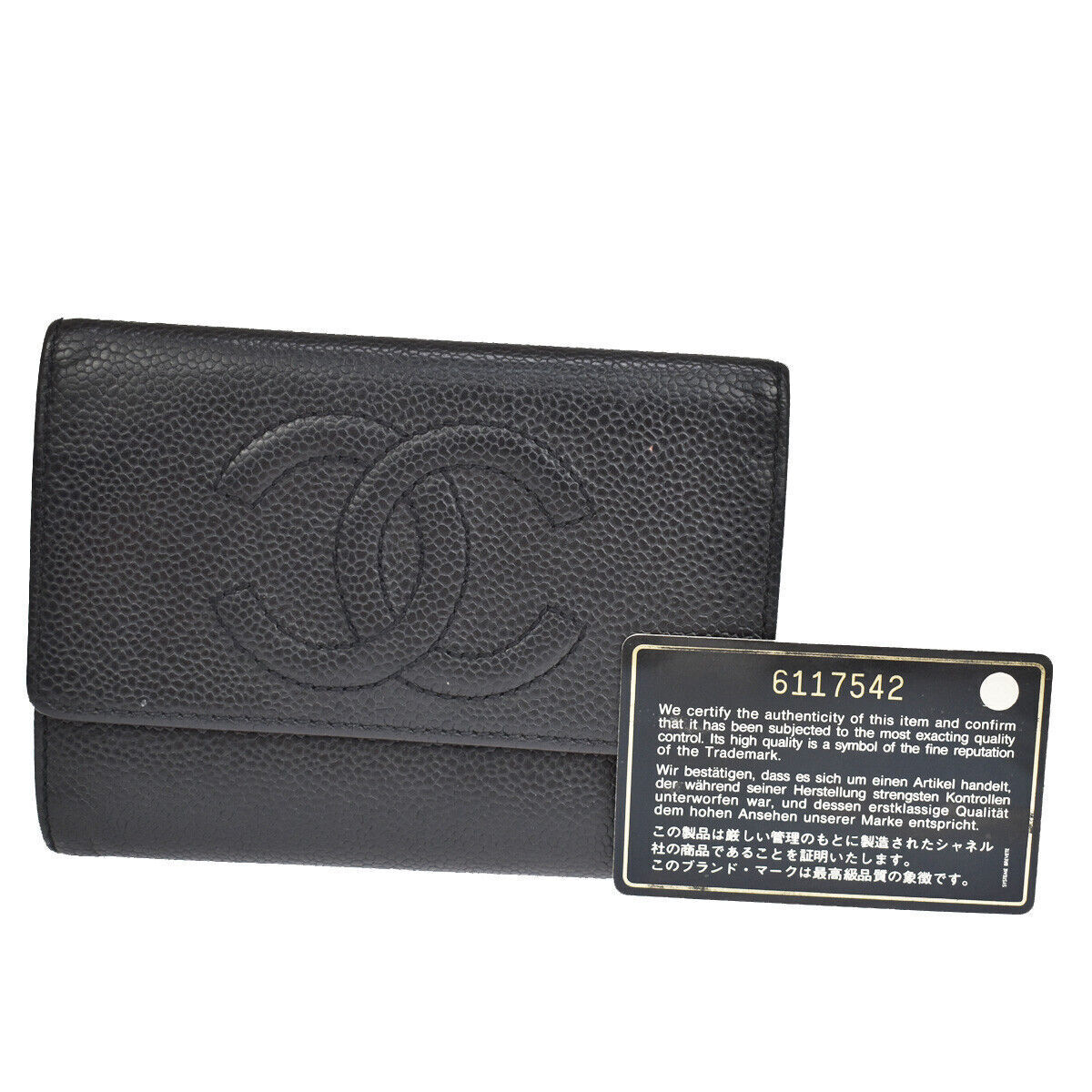 CHANEL CC Logo Trifold Wallet Purse Caviar Skin Leather Black Italy 30YB628
