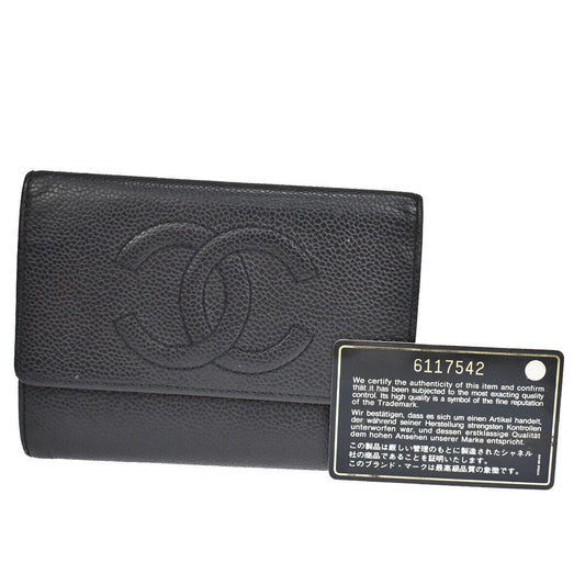 CHANEL CC Logo Trifold Wallet Purse Caviar Skin Leather Black Italy 30YB628