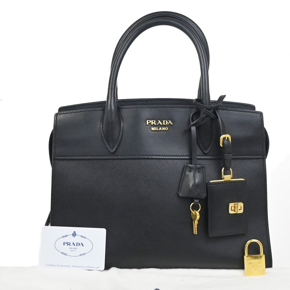 PRADA Logo Hand Bag with Bag Charm Saffiano Leather Black GHW Italy 95RL899