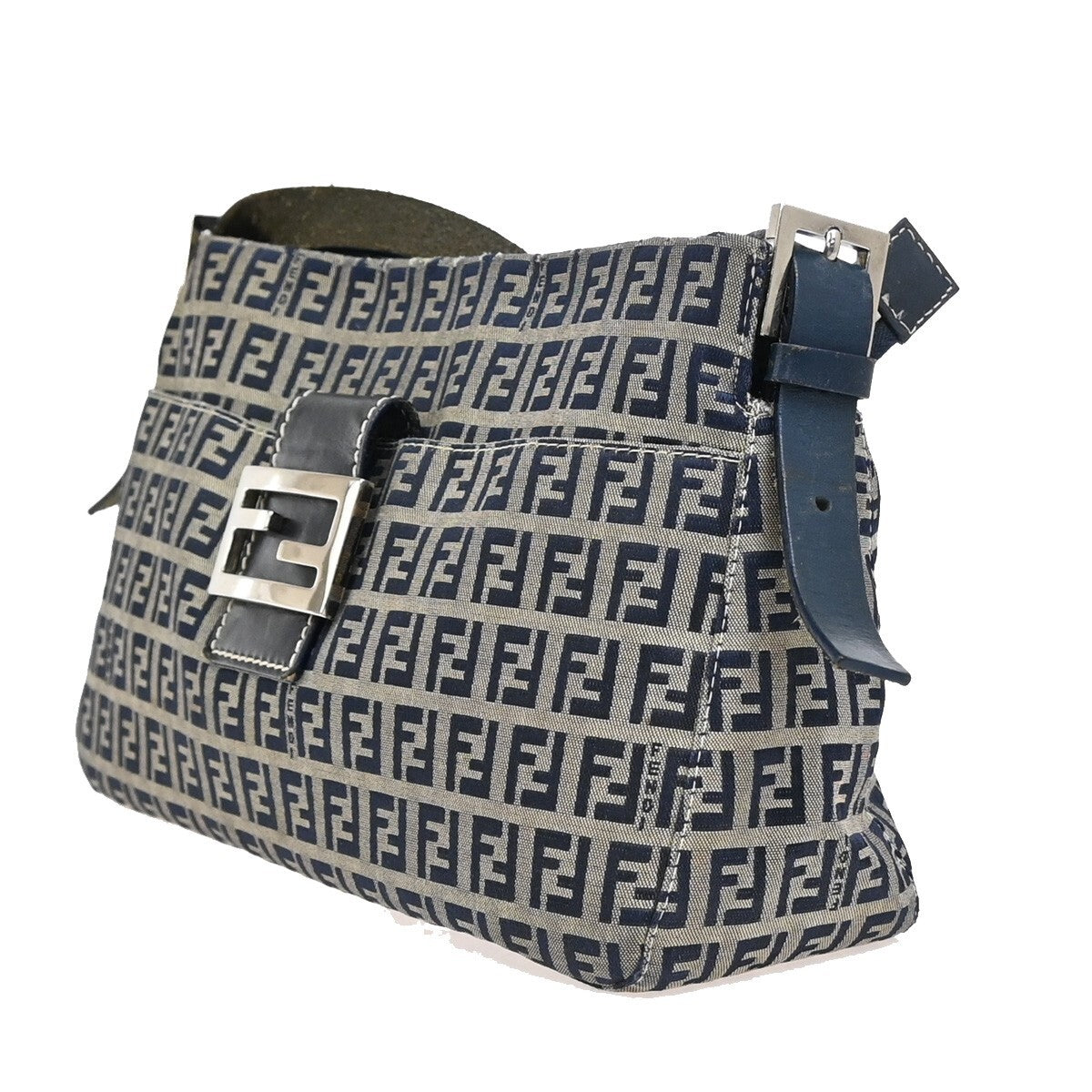 FENDI Logo Zucchino Pattern Shoulder Bag Canvas Leather Navy Blue Silver 70EE283
