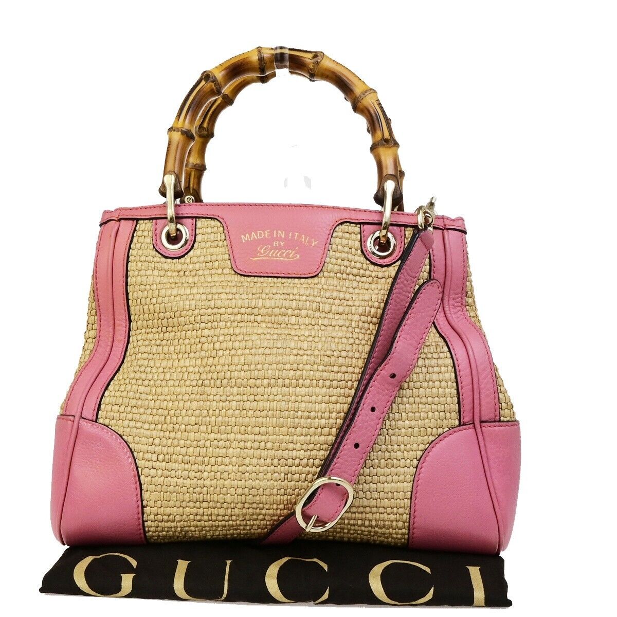 GUCCI Bamboo Shopper 2Way Shoulder Hand Bag Raffia Leather Pink Brown 84ED384