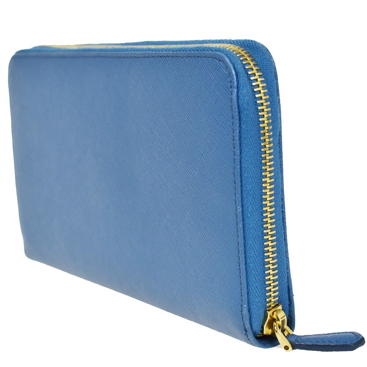 PRADA Logo Long Bifold Organizer Wallet Purse Saffiano Leather Blue Gold 89RH569