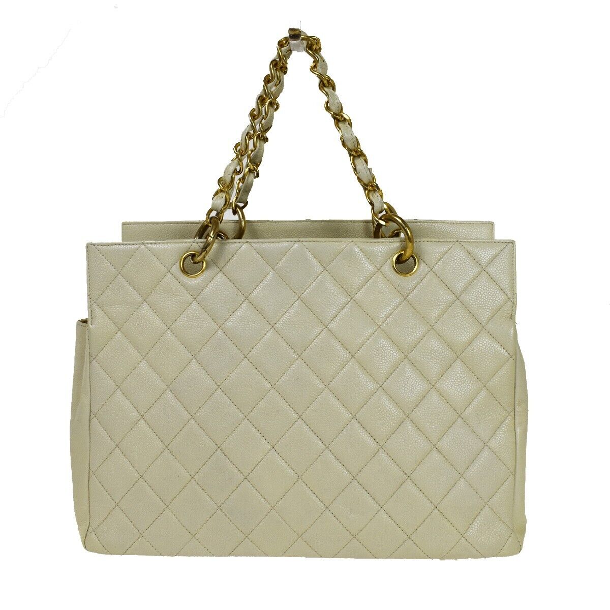CHANEL CC Matelasse Chain Shoulder Tote Bag Caviar Leather Ivory GHW 49FA171