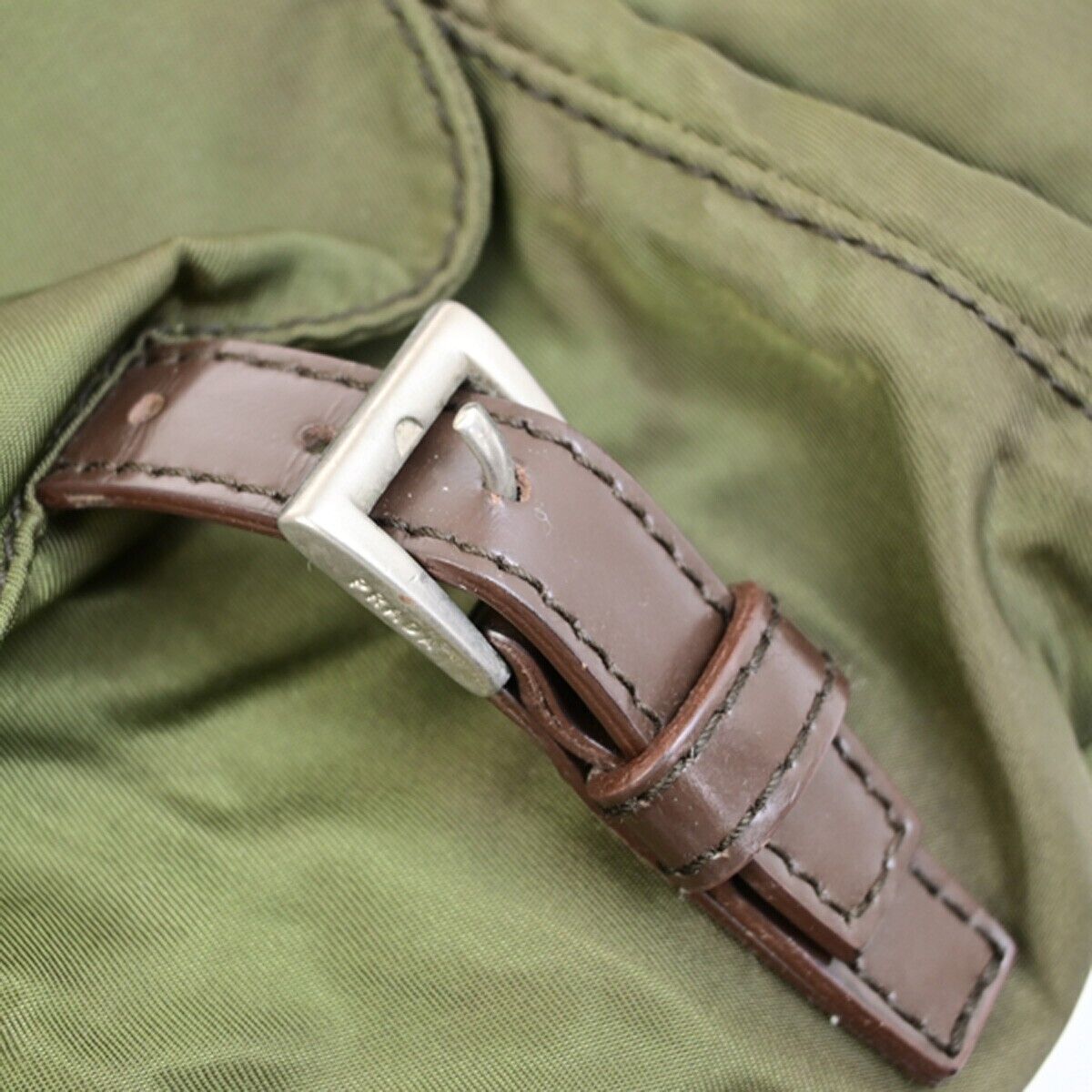 PRADA MILANO Logo Small Backpack Bag Nylon Leather Green Brown Italy 62FB353