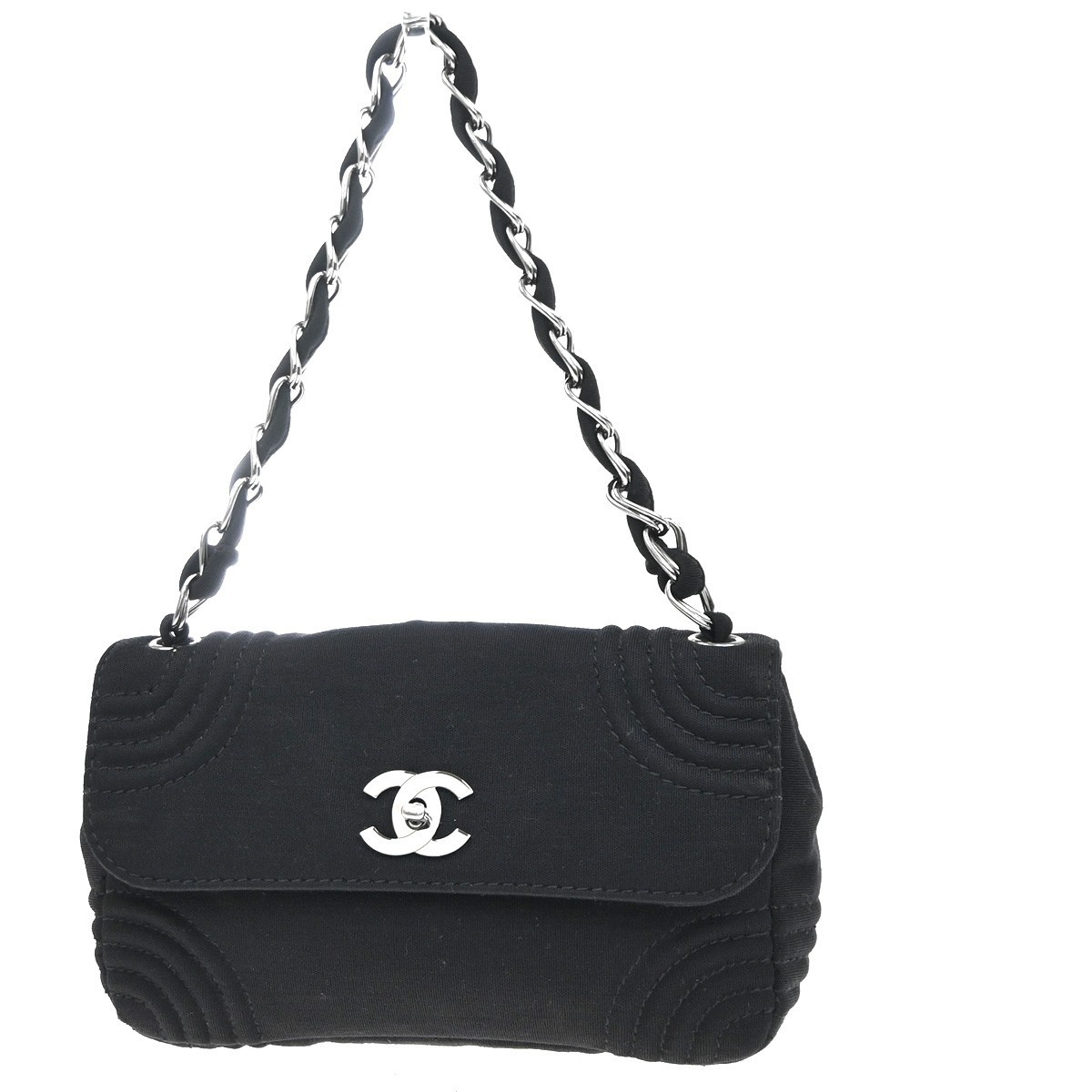 CHANEL CC Logo Jersey Chain Shoulder Bag Canvas Leather Black SHW Italy 678RL975
