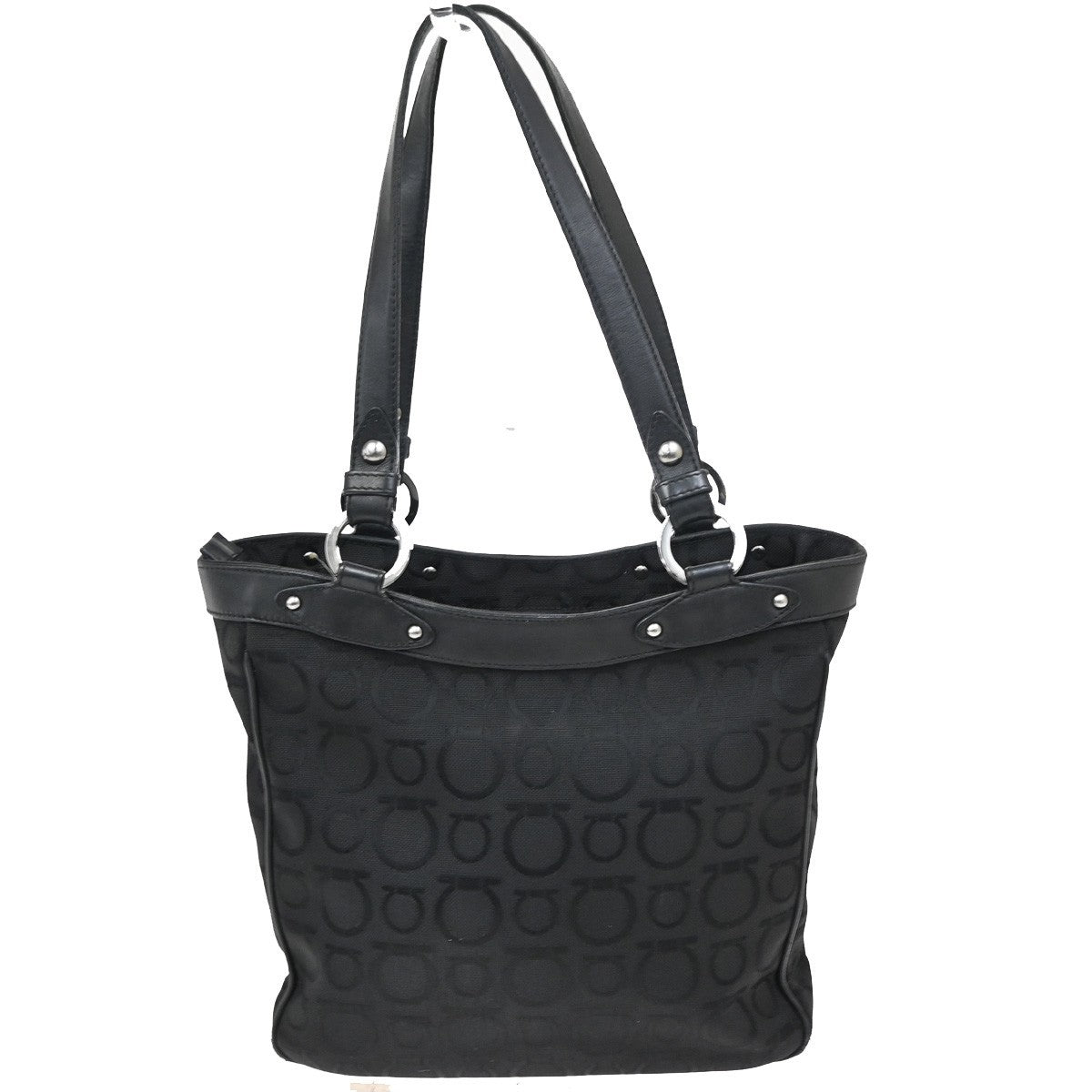 SALVATORE FERRAGAMO Gancini Tote Shoulder Bag Canavs Leather Black SHW 09KB197