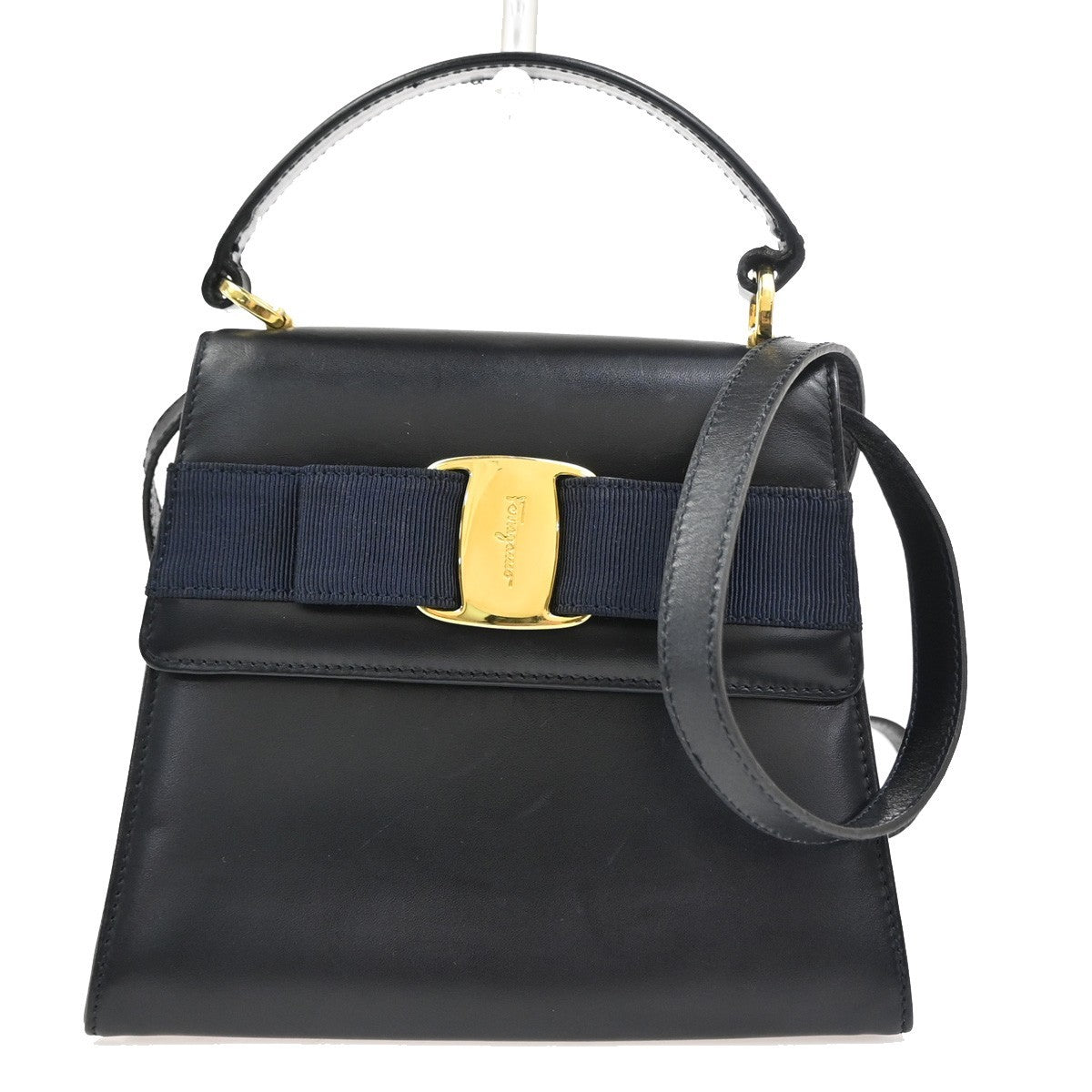 SALVATORE FERRAGAMO Logo 2Way Mini Shoulder Hand Bag Leather Navy Blue 62YJ092