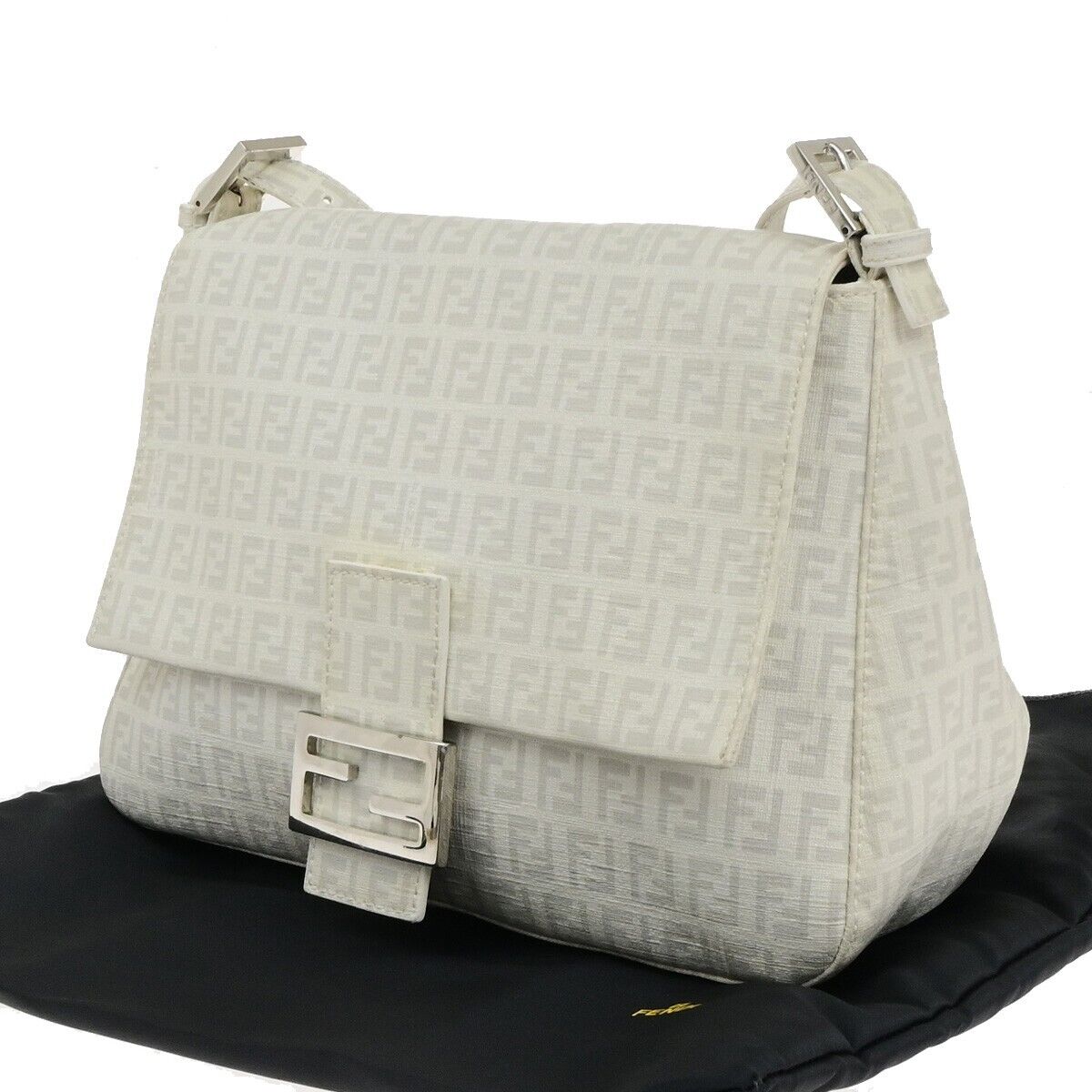 FENDI Logo Mamma Zucchino Pattern Chain Shoulder Bag PVC White Silver 18KA550