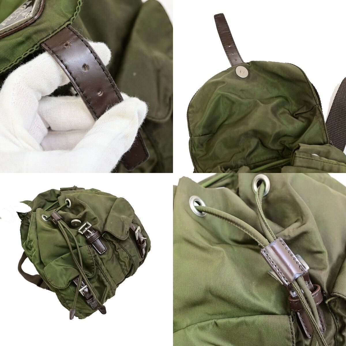 PRADA MILANO Logo Small Backpack Bag Nylon Leather Green Brown Italy 62FB353