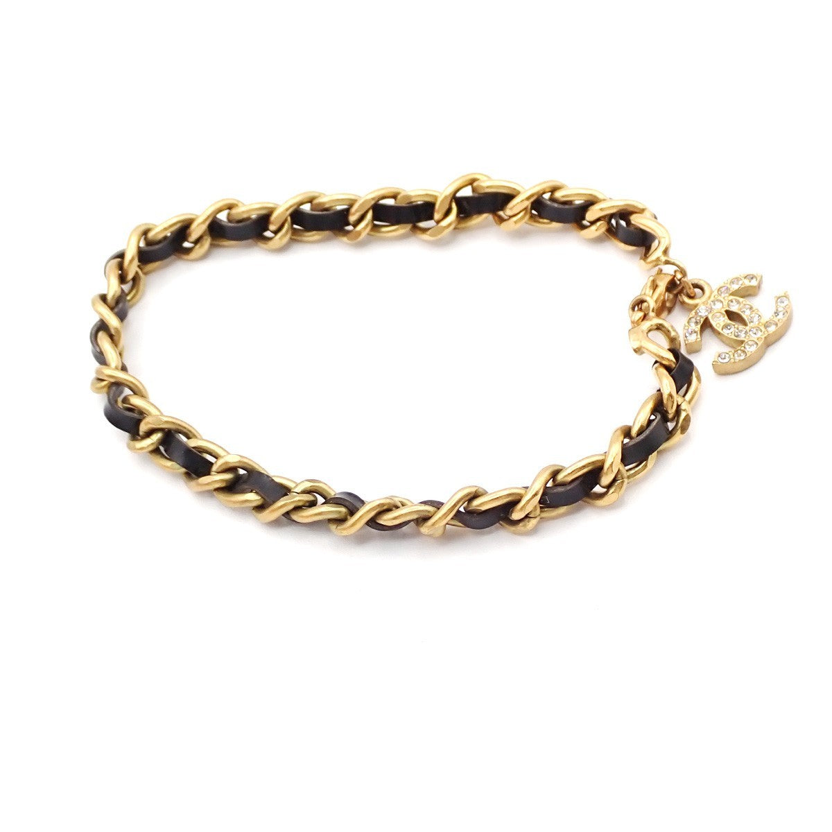 CHANEL CC Rhinestone Chain Bracelet Anklet Leather 95P GHW Black Vintage 12RL959