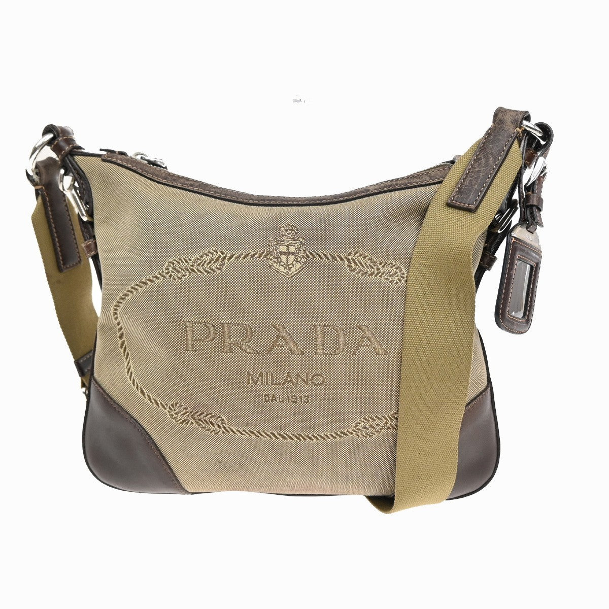 PRADA Logo Jacquard Crossbody Shoulder Bag Canvas Leather Brown 33FC058