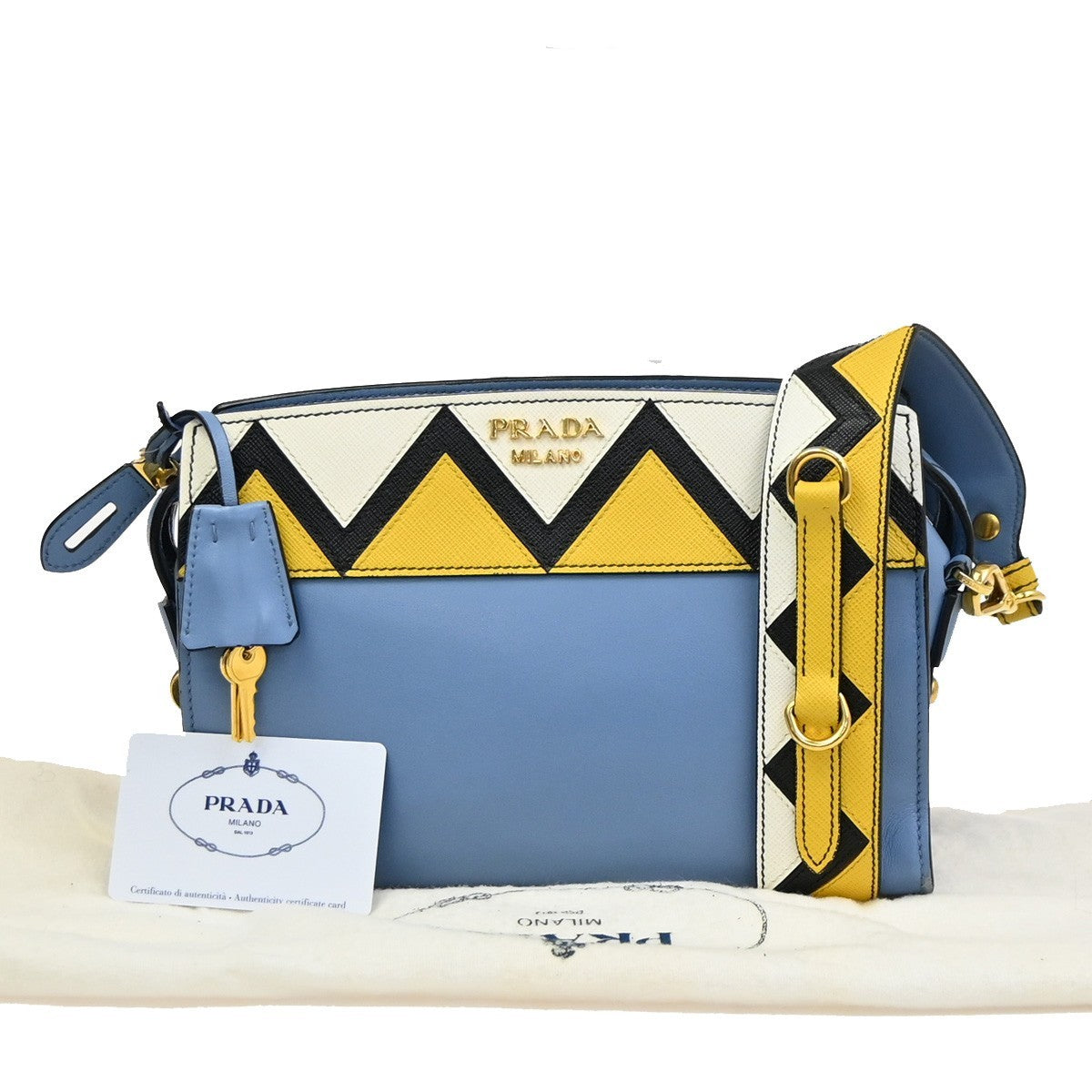 PRADA Esplanade Zig-Zag Crossbody Bag Leather Blue Yellow White GHW 99ZA218