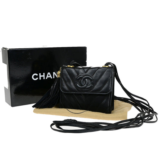RARE CHANEL CC V stitch Fringe Mini Shoulder Bag Leather Black Vintage 318RF158