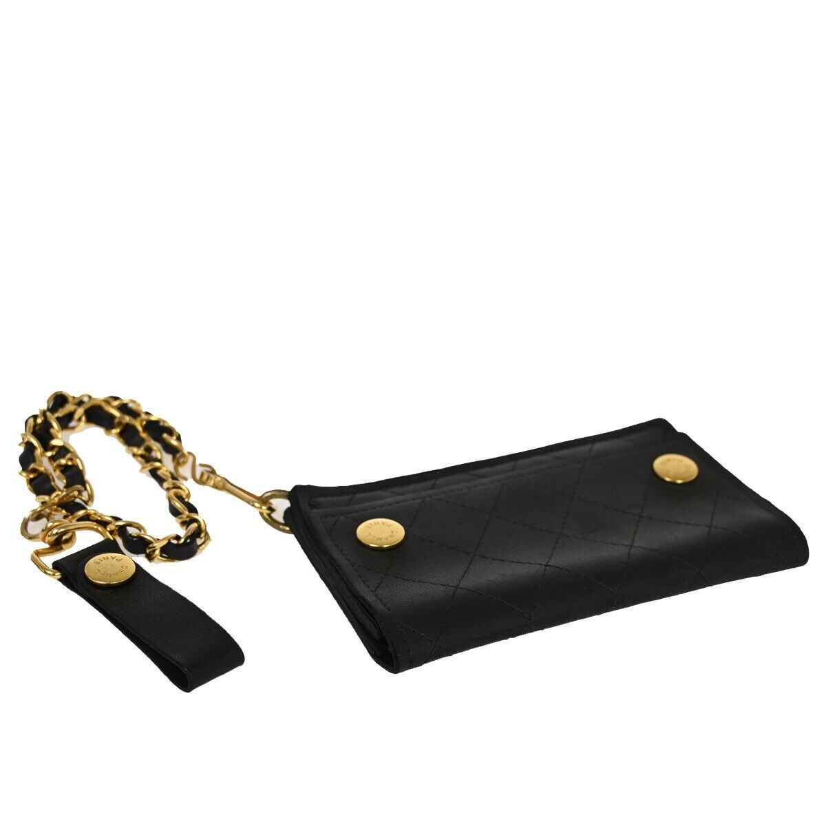 CHANEL CC Logo chain Matelasse Bifold Wallet Purse Leather Black France 79RF104