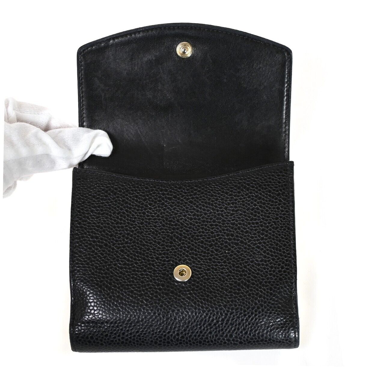 CHANEL CC Logo Bifold Wallet Purse Caviar Skin Leather Black France 68HB308
