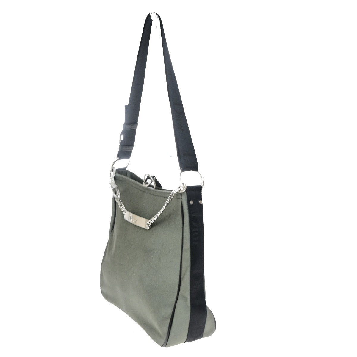 CHRISTIAN DIOR Logo Rhinestone Chain Shoulder Hand Bag Canvas Khaki 98RQ085