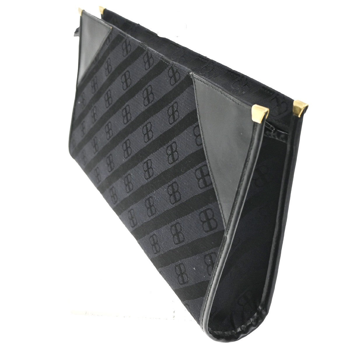 BALENCIAGA BB Logo Clutch Hand Bag Canvas Leather Black Gold Italy 07TA425