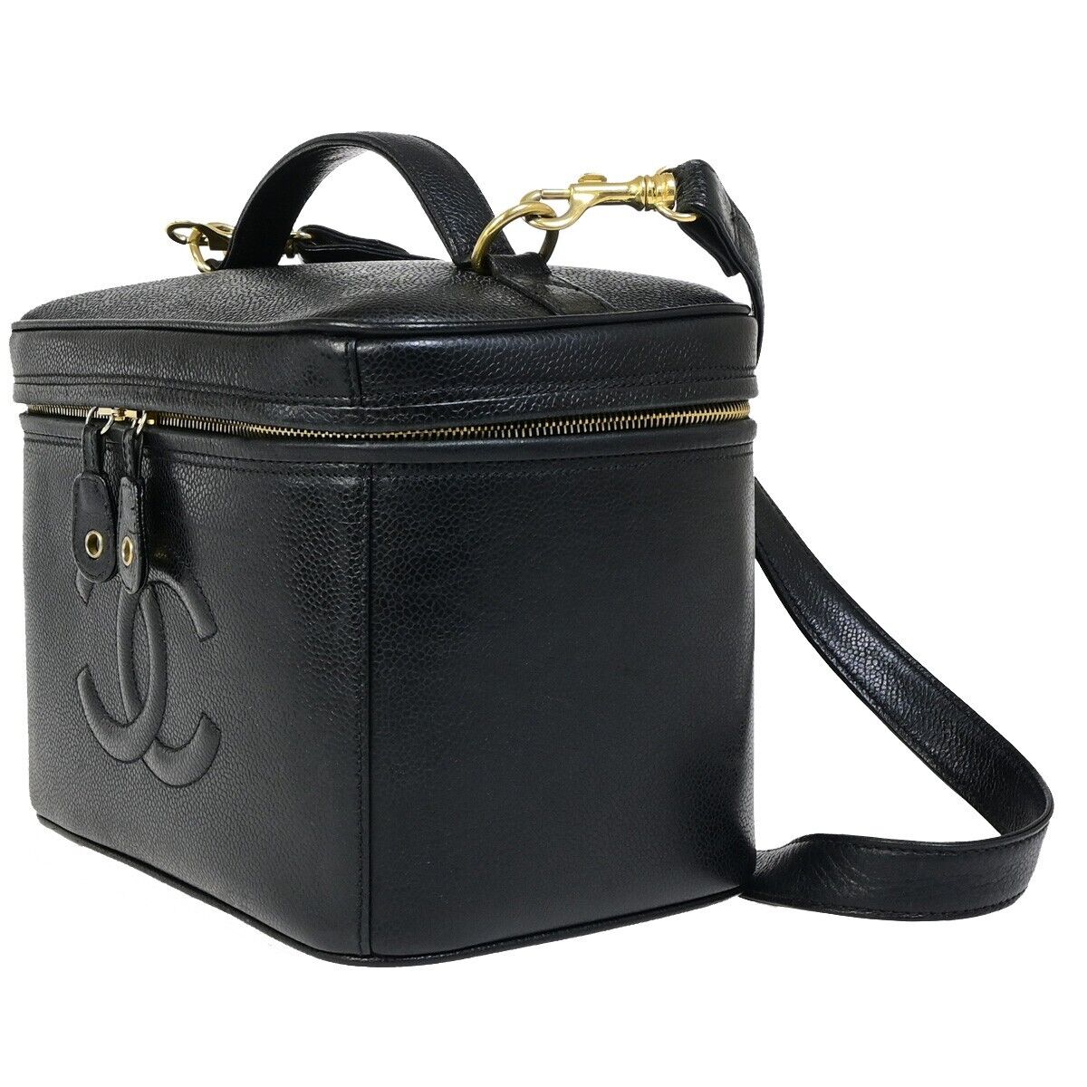 CHANEL Logo Vanity Cosmetic 2Way Hand Bag Caviar Leather Black Vintage 652RJ964