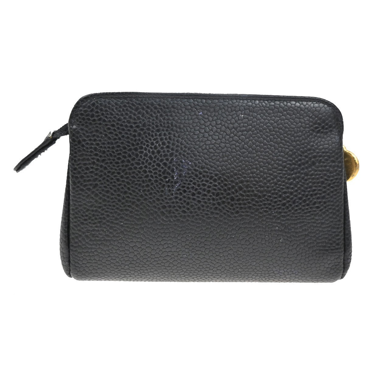 CHANEL CC Pouch Grained Calfskin Leather Black Gold Italy 34TA373