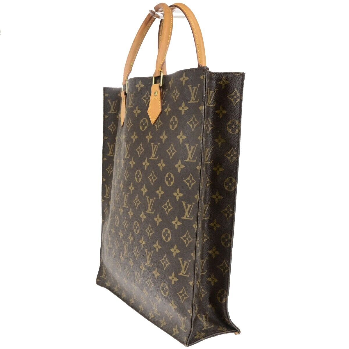 LOUIS VUITTON Logo Sac Plat Hand Tote Bag Monogram Leather Brown M51140 62ED401