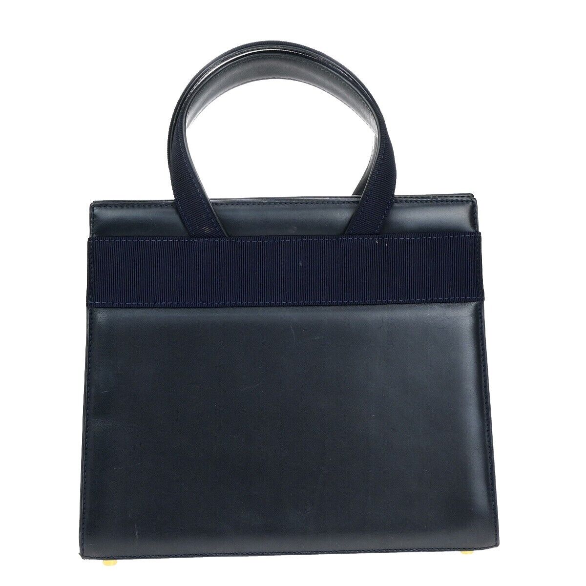 SALVATORE FERRAGAMO Vara Hand Bag Canvas Leather Navy Blue GHW Italy 66EB622