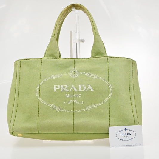 PRADA Milano Logo CANAPA Tote Hand Bag Denim Leather Green Gold Italy 32CA995