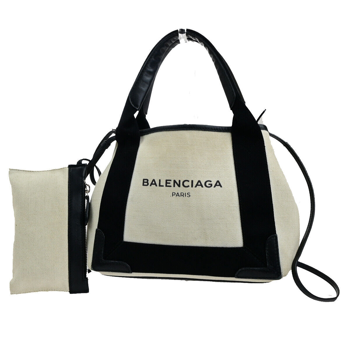 BALENCIAGA Navy Cabas XS 2Way Shoulder Hand Bag Canvas Leather Ivory BK 69YE661