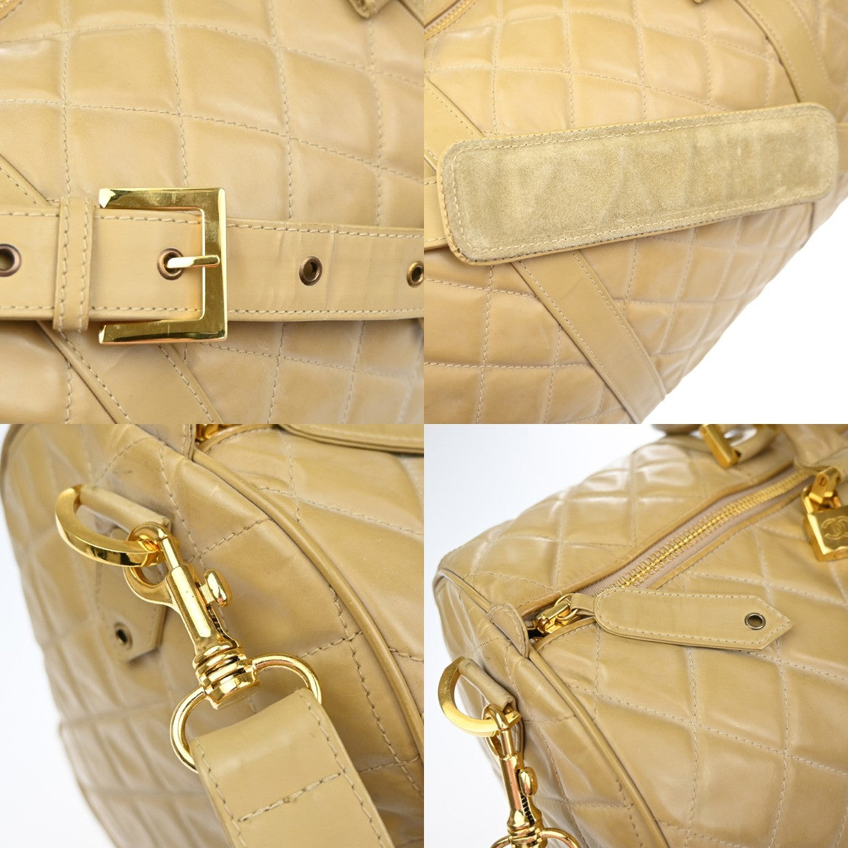 CHANEL CC Logo Matelasse 2Way Travel Hand Bag Leather Beige GHW Vintage 44RL978