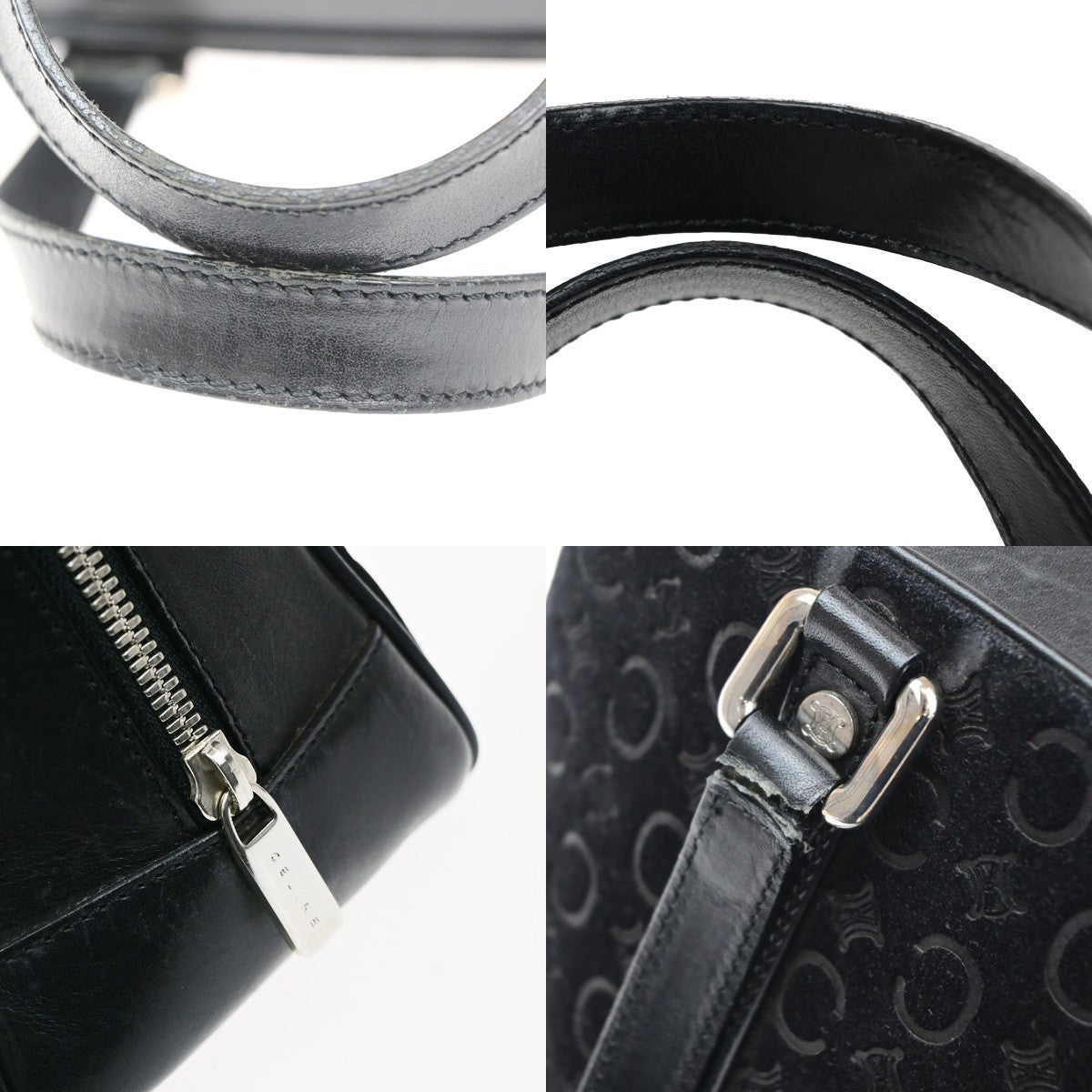 CELINE Logo C Macadam Pattern Hand Bag Suede Leather Black SHW 38CB067