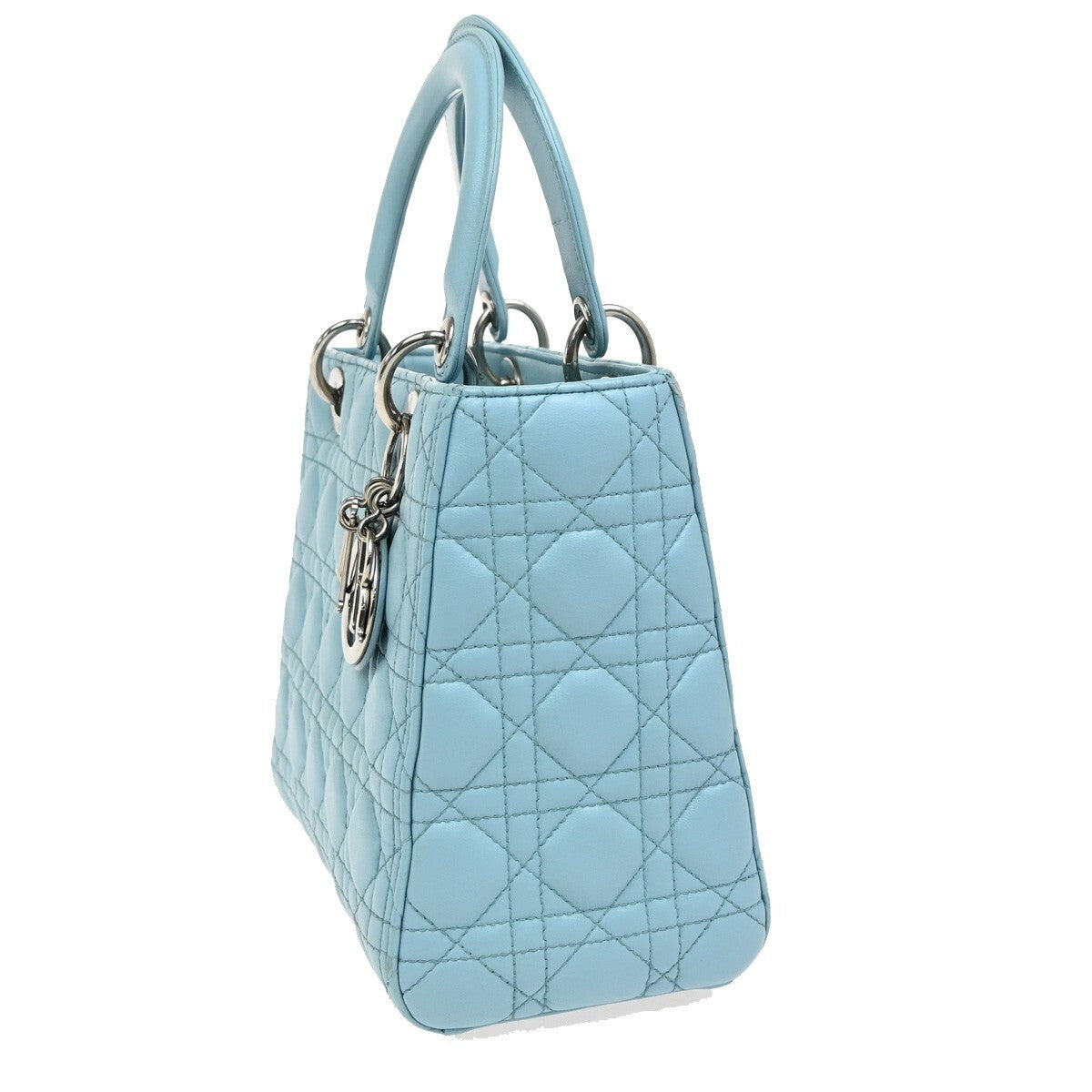 CHRISTIAN DIOR Logo Lady Cannage 2Way Shoulder Hand Bag Leather Blue 627RL153
