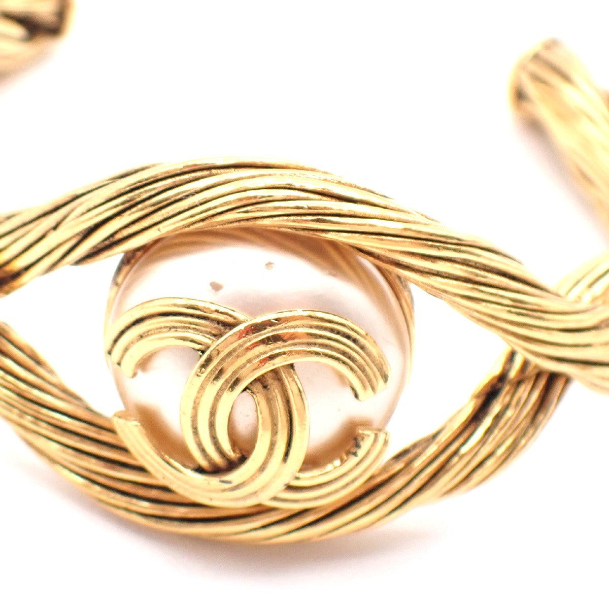 CHANEL CC Logo Imitation Pearl Bangle Bracelet Gold White 94A GHW France 38RL858