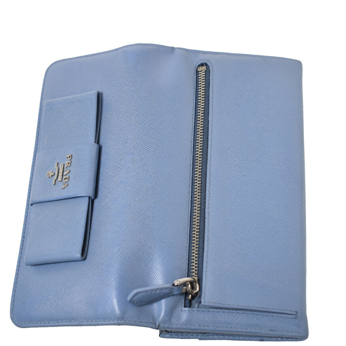 PRADA Logo Saffiano Fiocco Long Bifold Wallet Purse Leather Blue Italy 05YC250