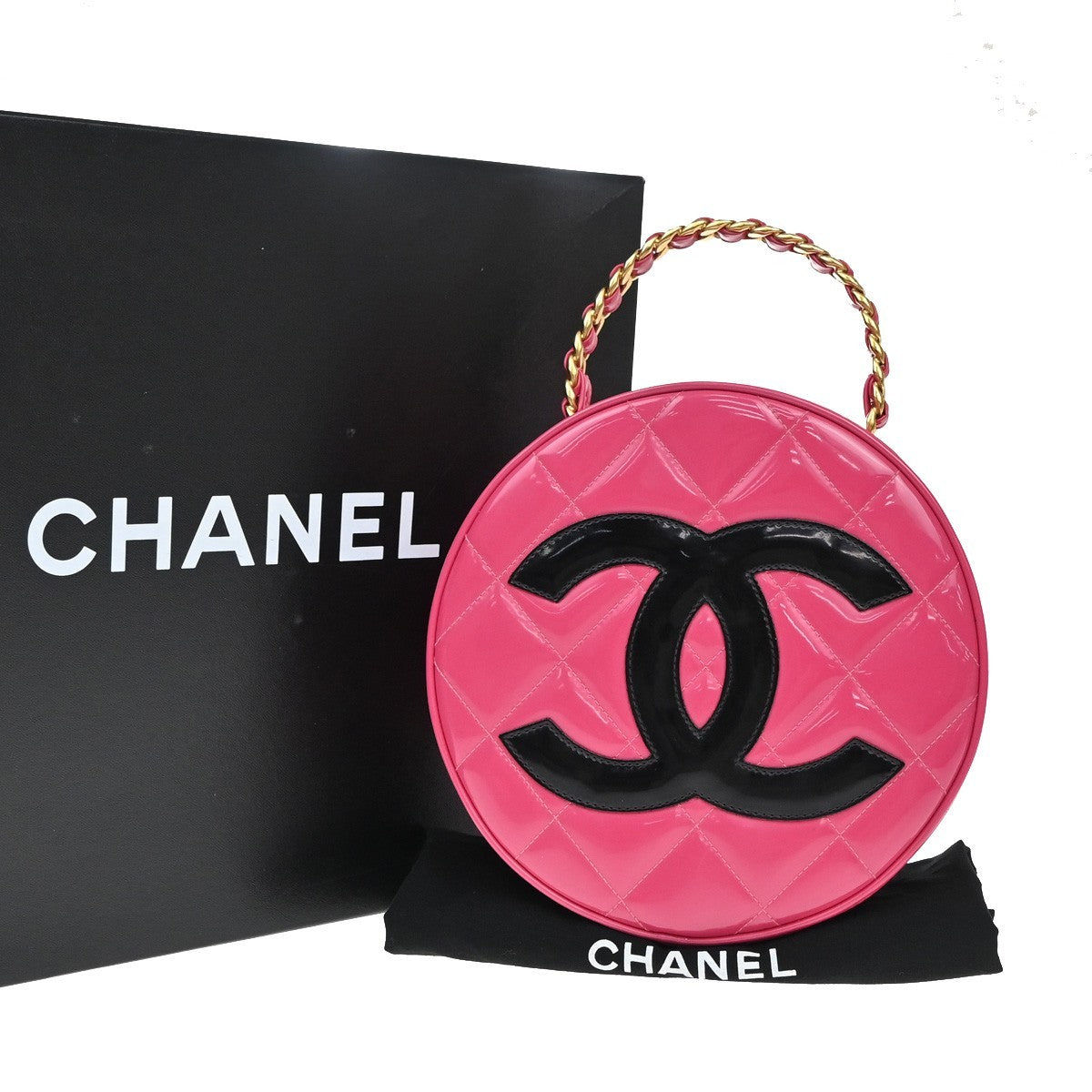 44.LiveCHANEL Matelasse Round Vanity Chain Hand Bag Patent Leather VTE 6735LC600