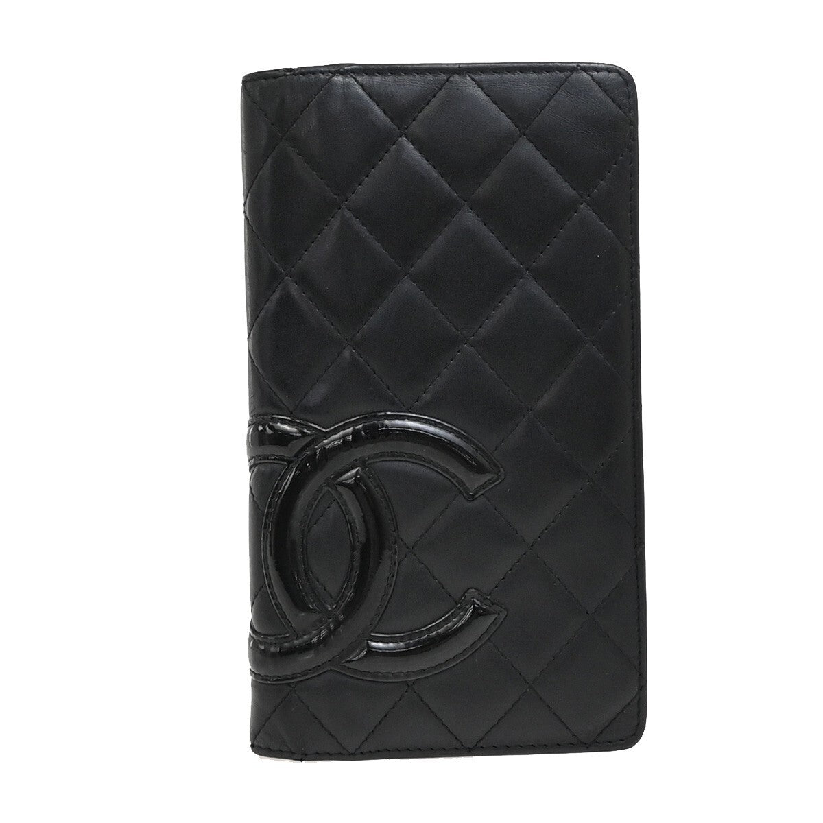 CHANEL CC Cambon Bifold Vertical Long Wallet Patent Leather Black Pink 67EE285