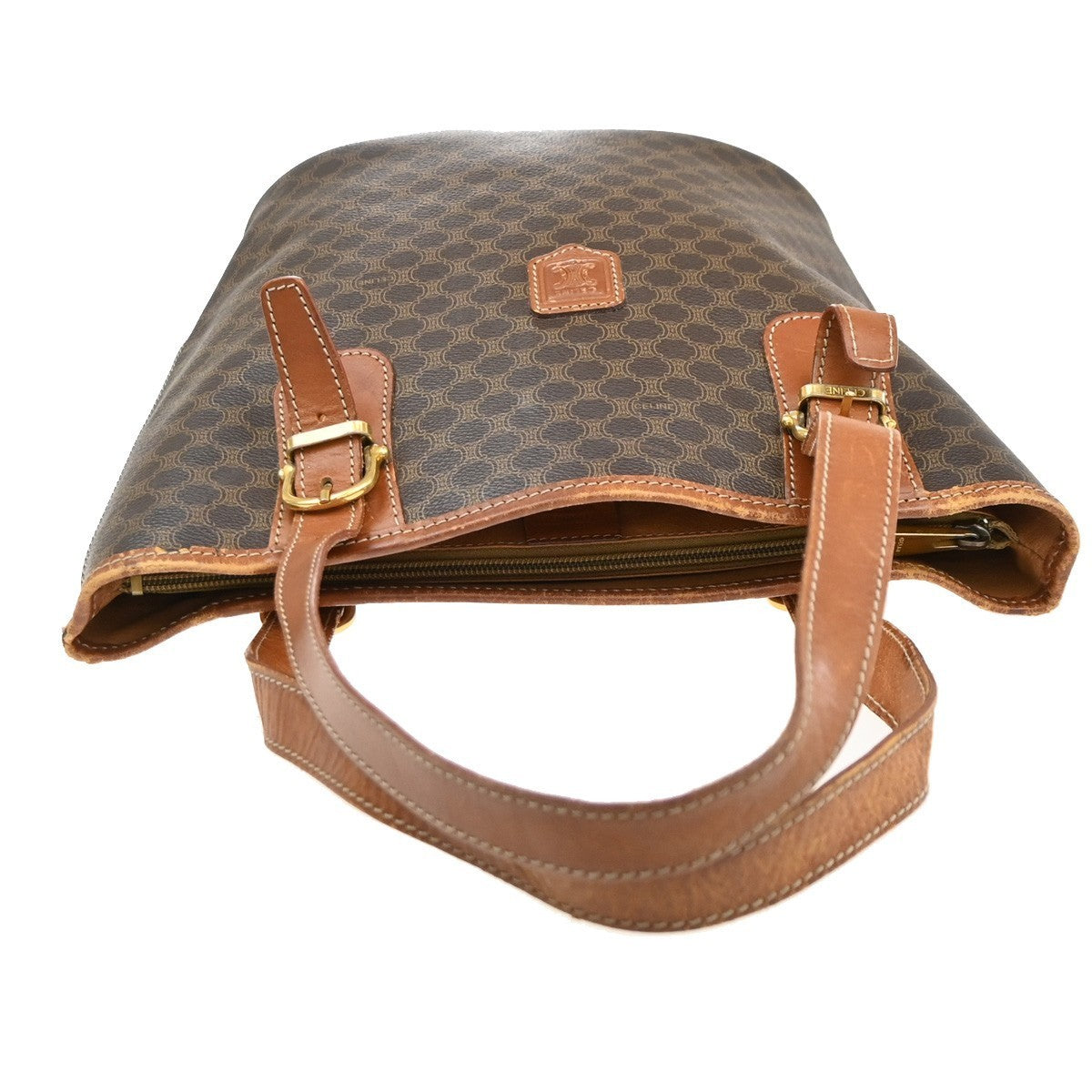 CELINE Logo Macadam Pattern Shoulder Tote Bag PVC Leather Brown GHW 07EG396
